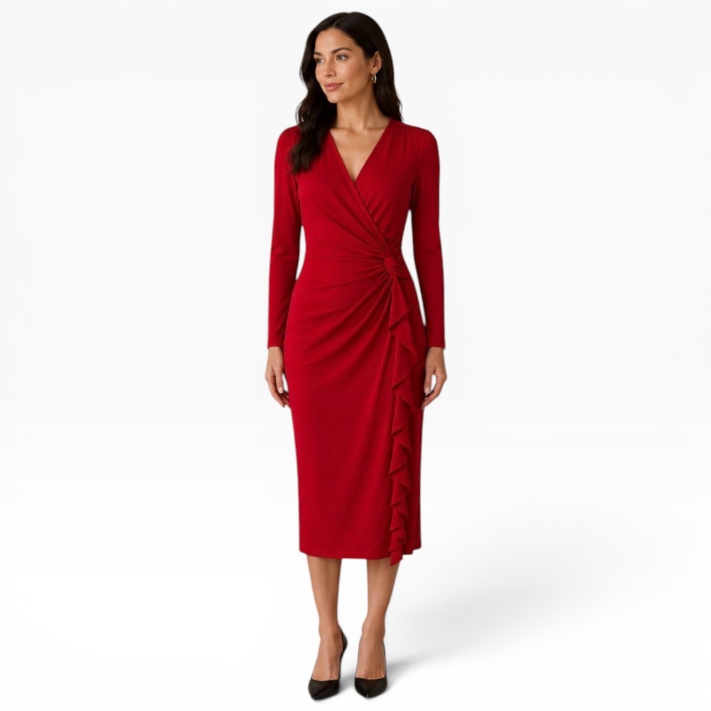 Lauren Ralph Lauren Red Ruched Ruffle Sheath Dress Long Sleeve Size 10 Stretch - Picture 1 of 11